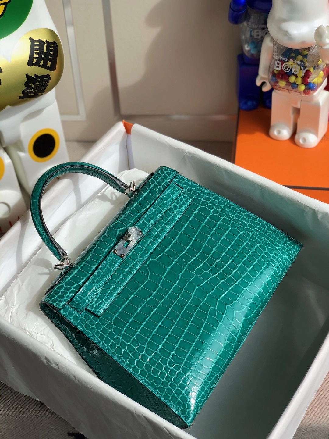 Hermes Kelly 28cm 倒V 澳洲灣鱷 Shiny Porosus Crocodile O6 帝王綠 Vert Jade 銀扣