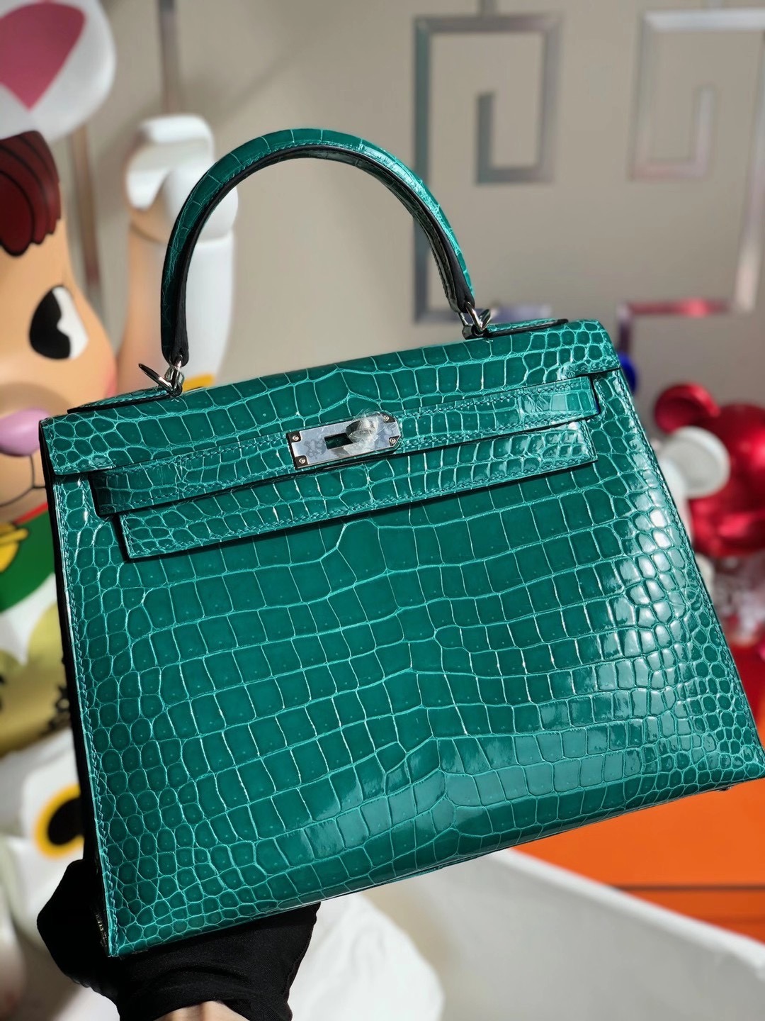 Hermes Kelly 28cm 倒V 澳洲灣鱷 Shiny Porosus Crocodile O6 帝王綠 Vert Jade 銀扣