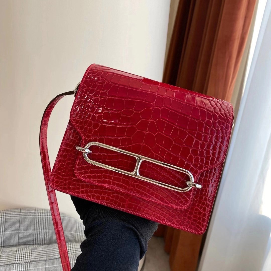 Hermes Roulis MINI bag polished Niloticus crocodile Q5 Rose casaque 國旗紅