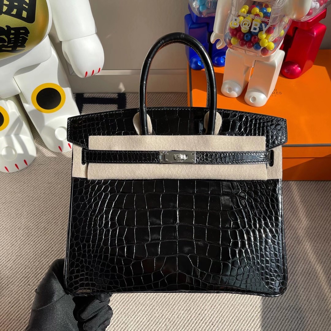 愛馬仕鉑金包圖片大全 Hermes Birkin 25cm 亮面方塊美洲鱷魚 CC89 黑色 Noir