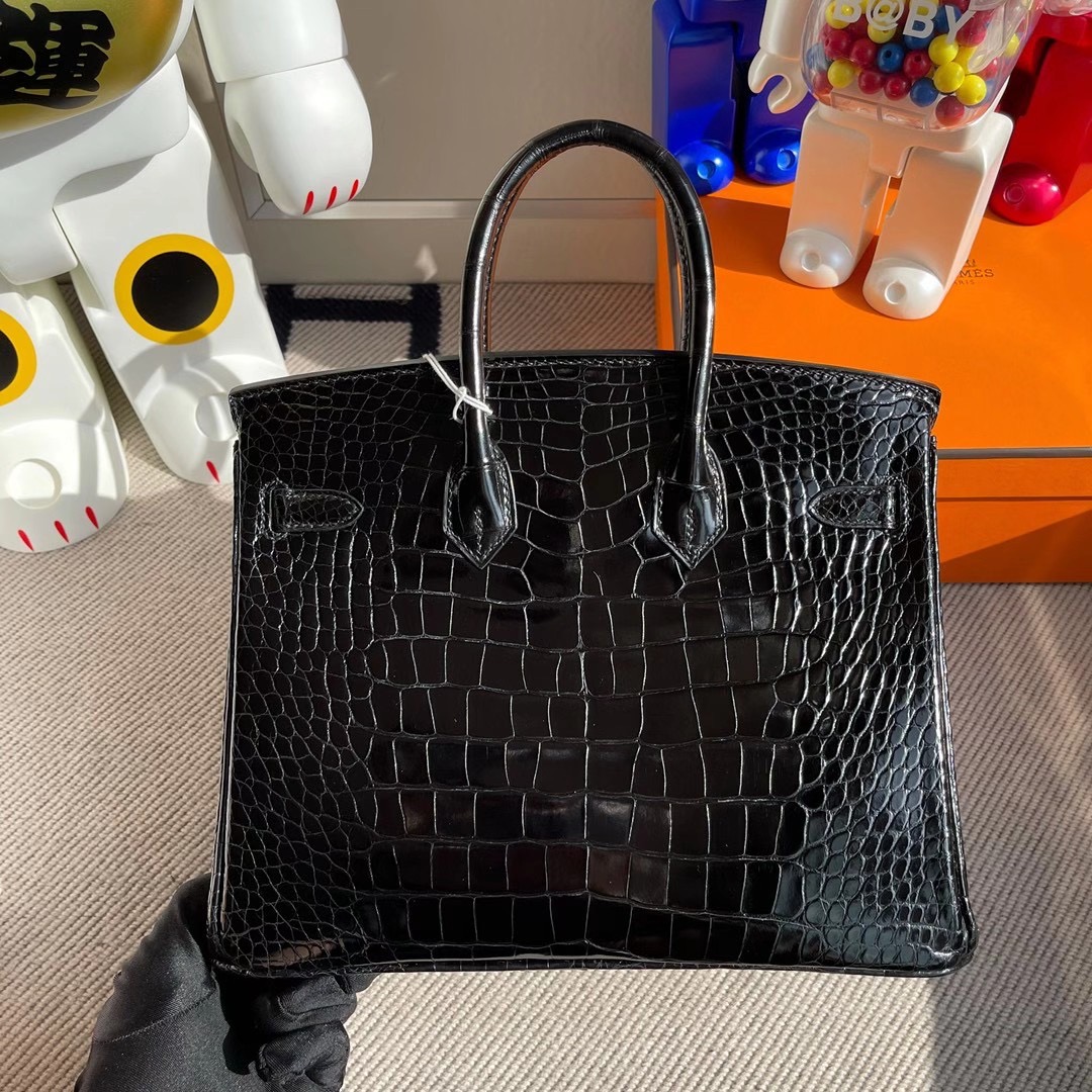 愛馬仕鉑金包圖片大全 Hermes Birkin 25cm 亮面方塊美洲鱷魚 CC89 黑色 Noir