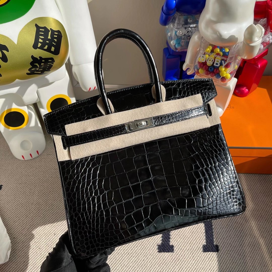 愛馬仕鉑金包圖片大全 Hermes Birkin 25cm 亮面方塊美洲鱷魚 CC89 黑色 Noir