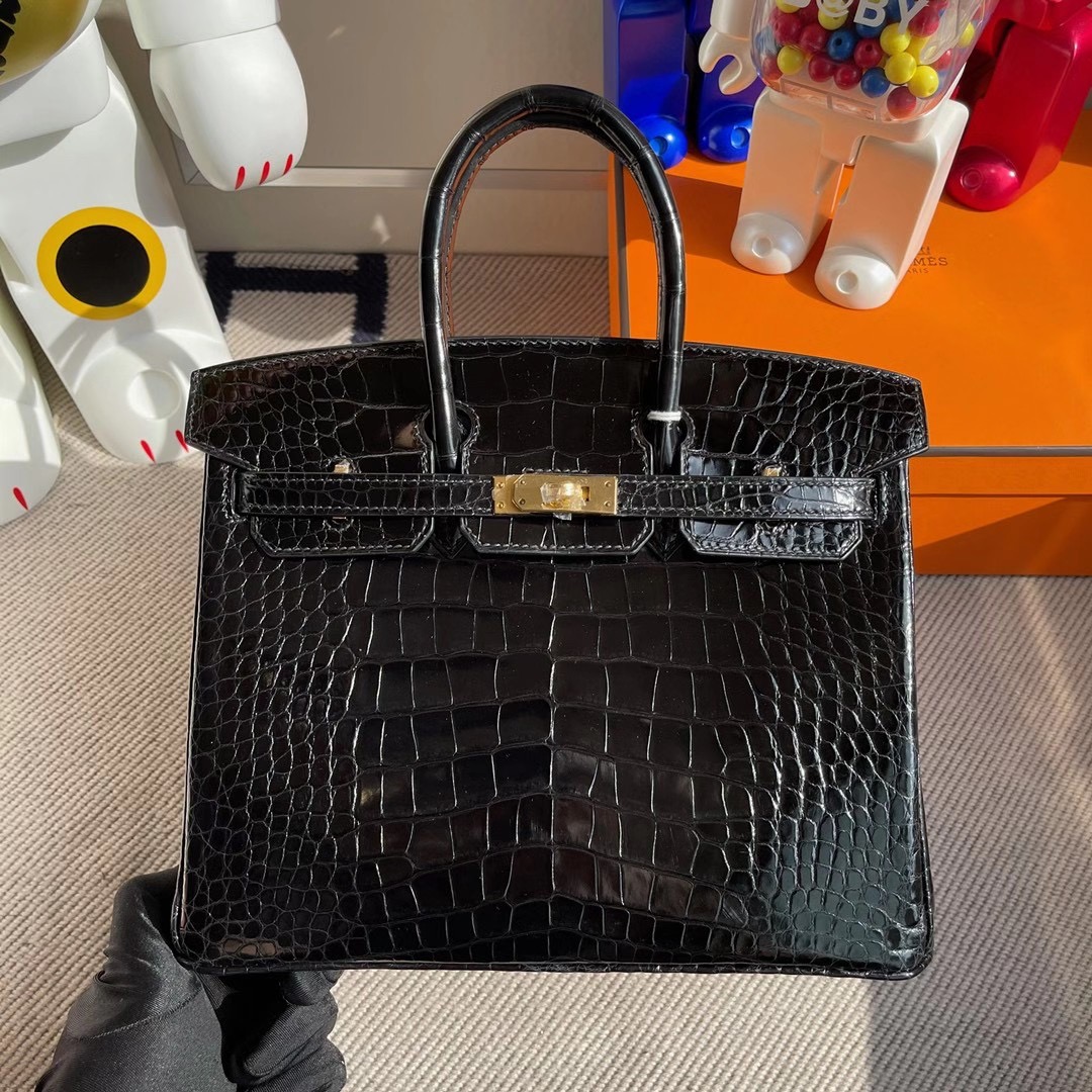 愛馬仕鉑金包圖片大全 Hermes Birkin 25cm 亮面方塊美洲鱷魚 CC89 黑色 Noir