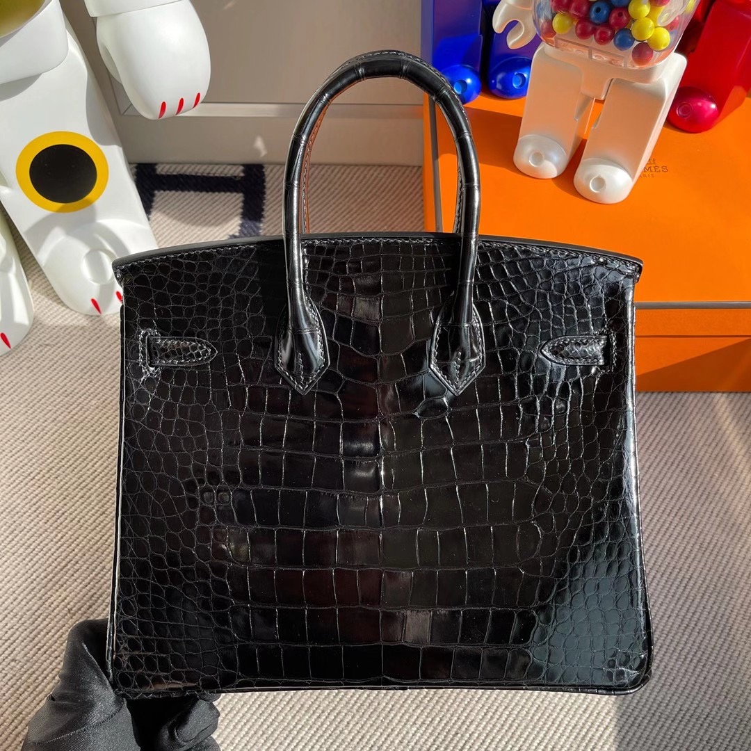 愛馬仕鉑金包圖片大全 Hermes Birkin 25cm 亮面方塊美洲鱷魚 CC89 黑色 Noir