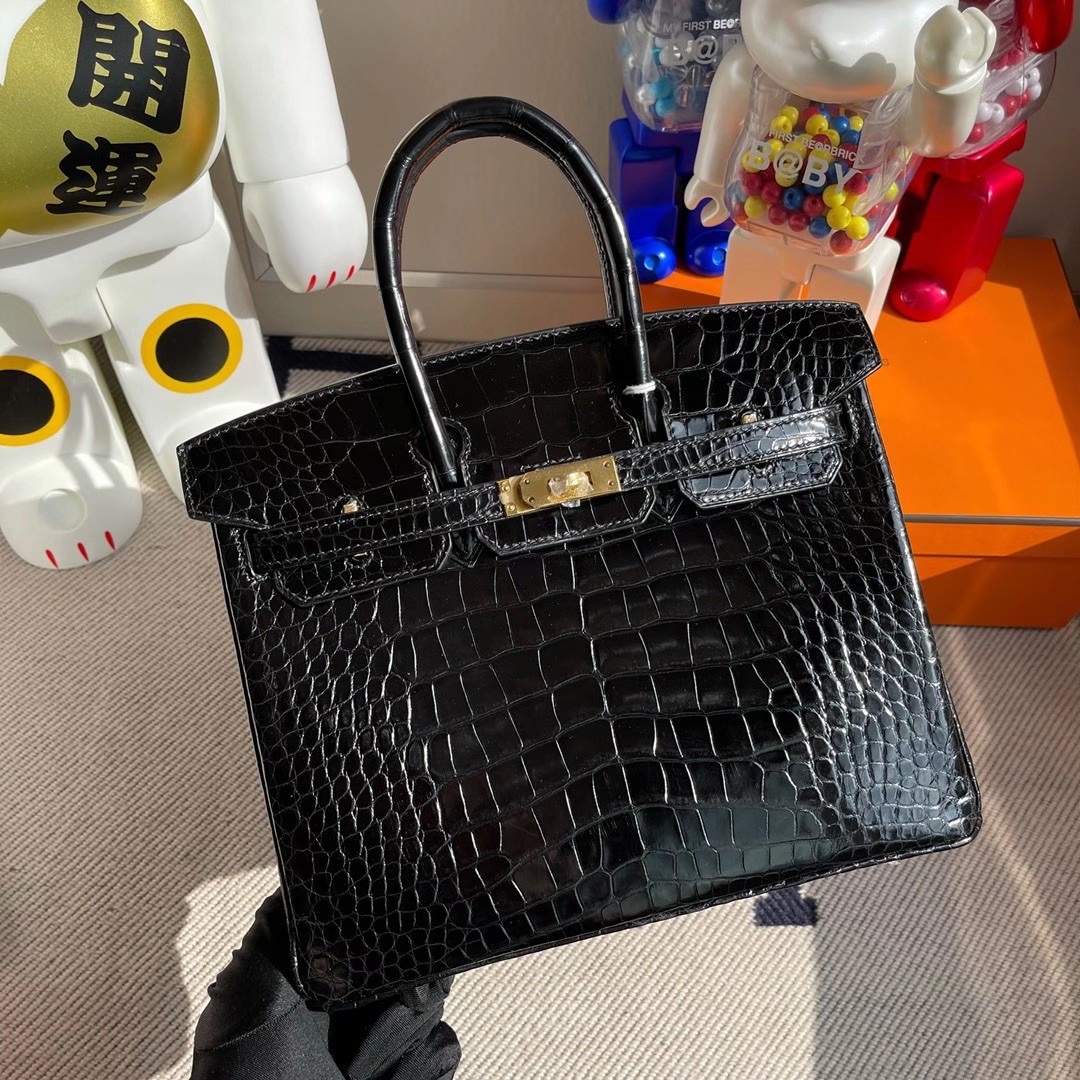 愛馬仕鉑金包圖片大全 Hermes Birkin 25cm 亮面方塊美洲鱷魚 CC89 黑色 Noir