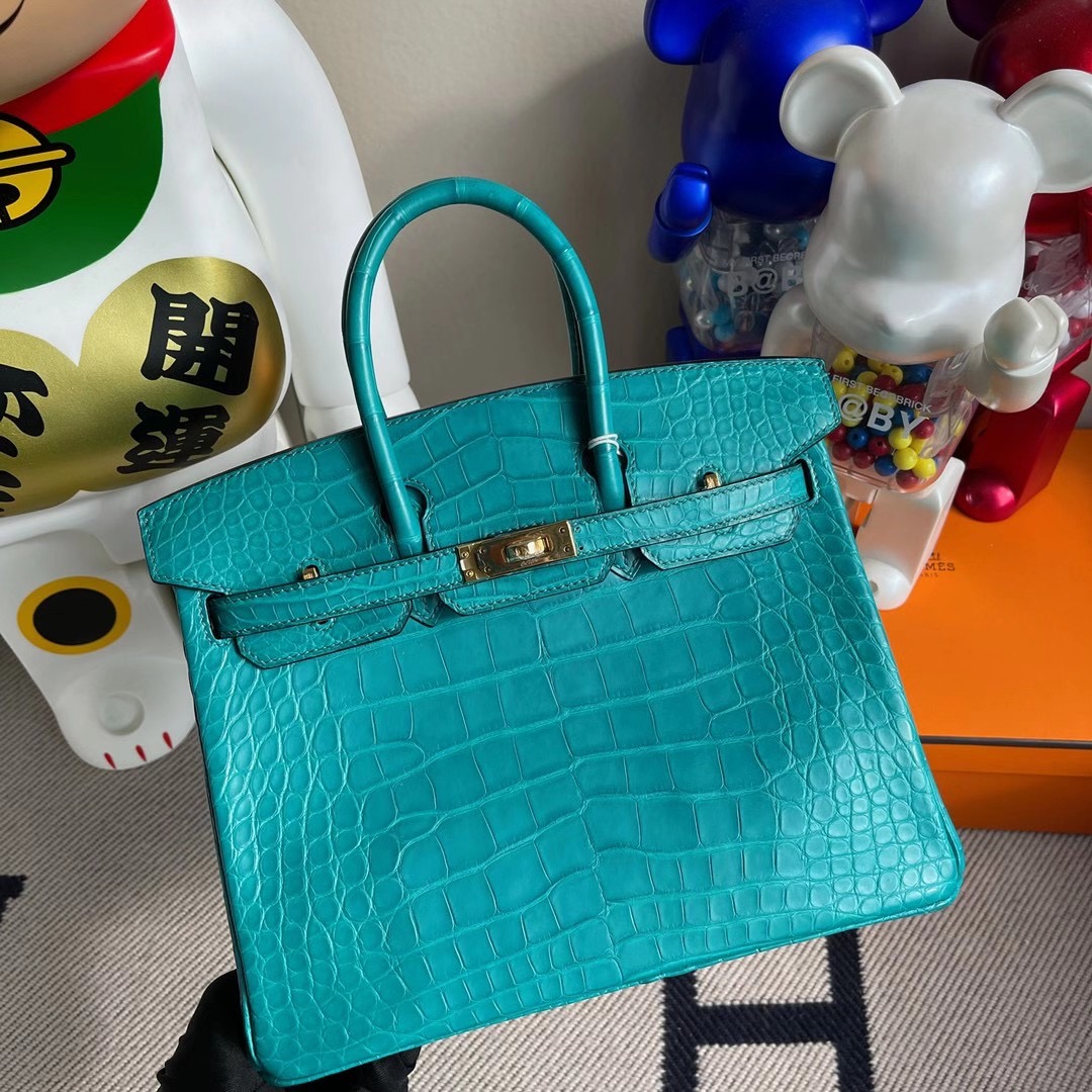 Hermes Birkin 25cm U4 Vert Verigo 7F Blue Paon 霧面方塊美洲鱷魚