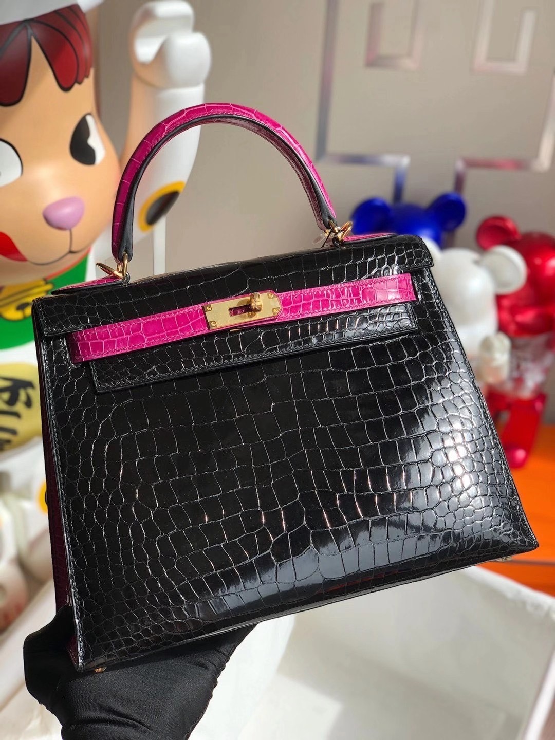 Hermes HSS Kelly 28cm J5 Rose Sheheraradez 天方夜譚粉紫/89 Noir 亮面澳洲灣鱷