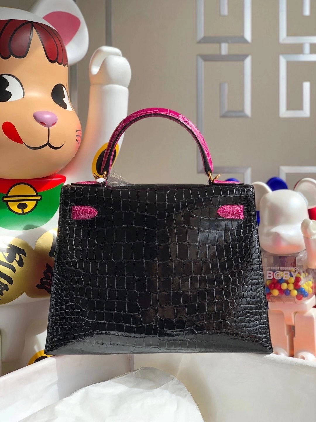 Hermes HSS Kelly 28cm J5 Rose Sheheraradez 天方夜譚粉紫/89 Noir 亮面澳洲灣鱷