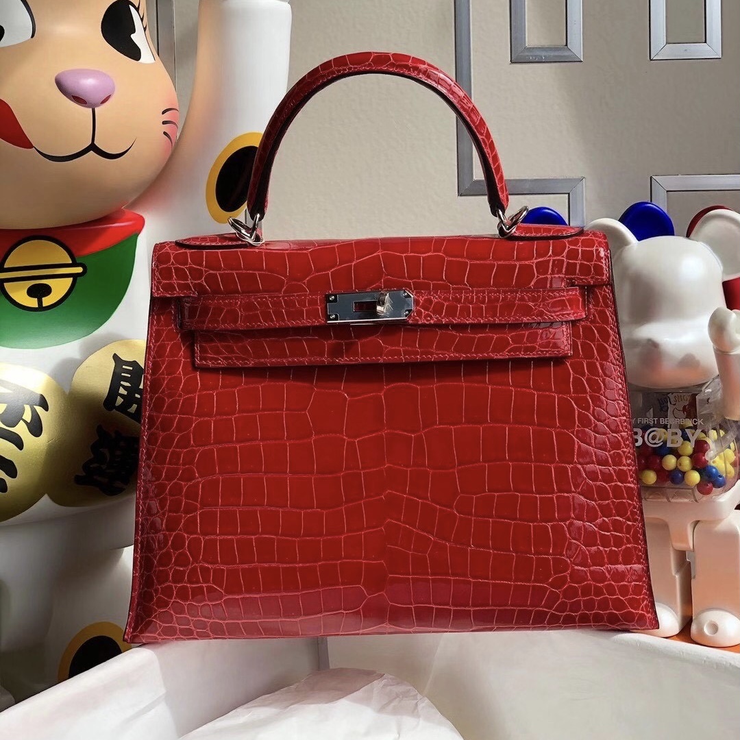 Hermes Kelly 28cm 95 Braise 法拉利紅 Shiny Porosus Crocodile 亮面倒V 澳洲灣鱷