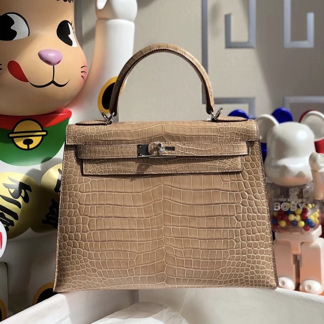 Hermes Kelly 28cm 14 Beige 杏色 Shiny Porosus Crocodile 亮面倒V 澳洲灣鱷