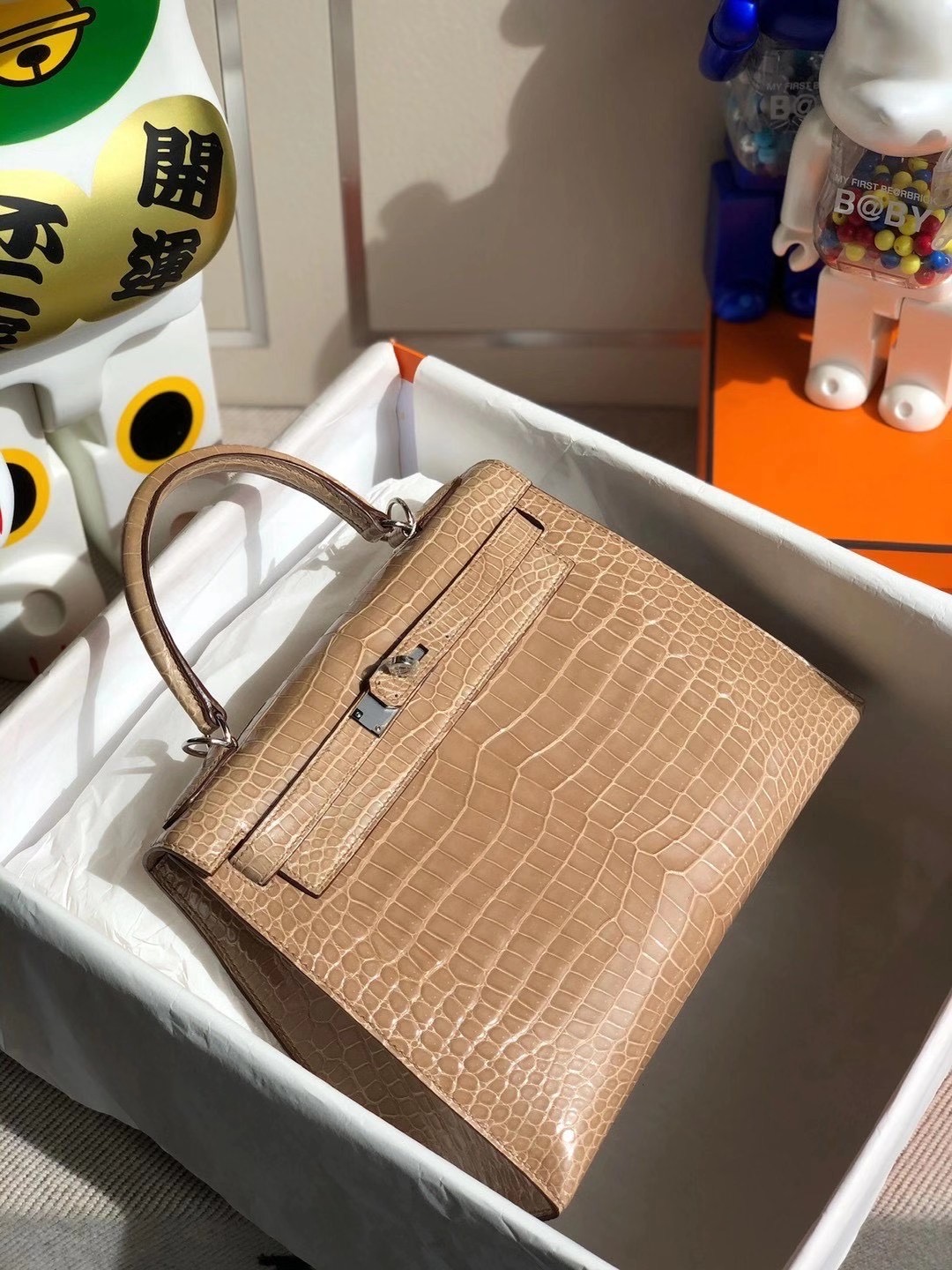 Hermes Kelly 28cm 14 Beige 杏色 Shiny Porosus Crocodile 亮面倒V 澳洲灣鱷