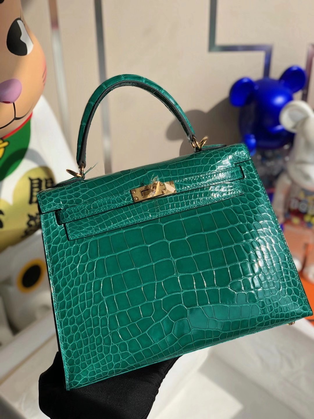 香港北區沙頭角 Hermes Kelly 25cm 6Q Very emeraude 翡翠綠 亮面方塊 美洲鱷魚