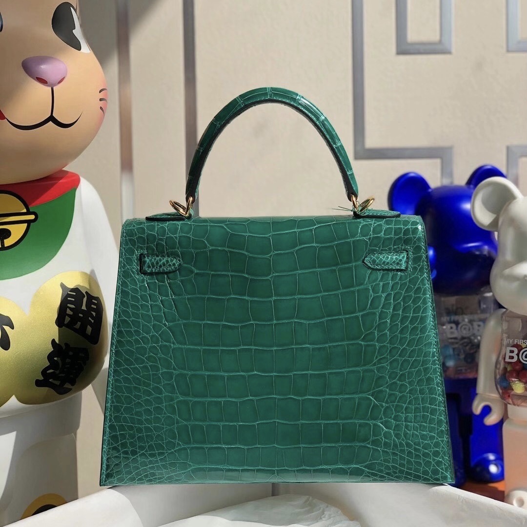 香港北區沙頭角 Hermes Kelly 25cm 6Q Very emeraude 翡翠綠 亮面方塊 美洲鱷魚