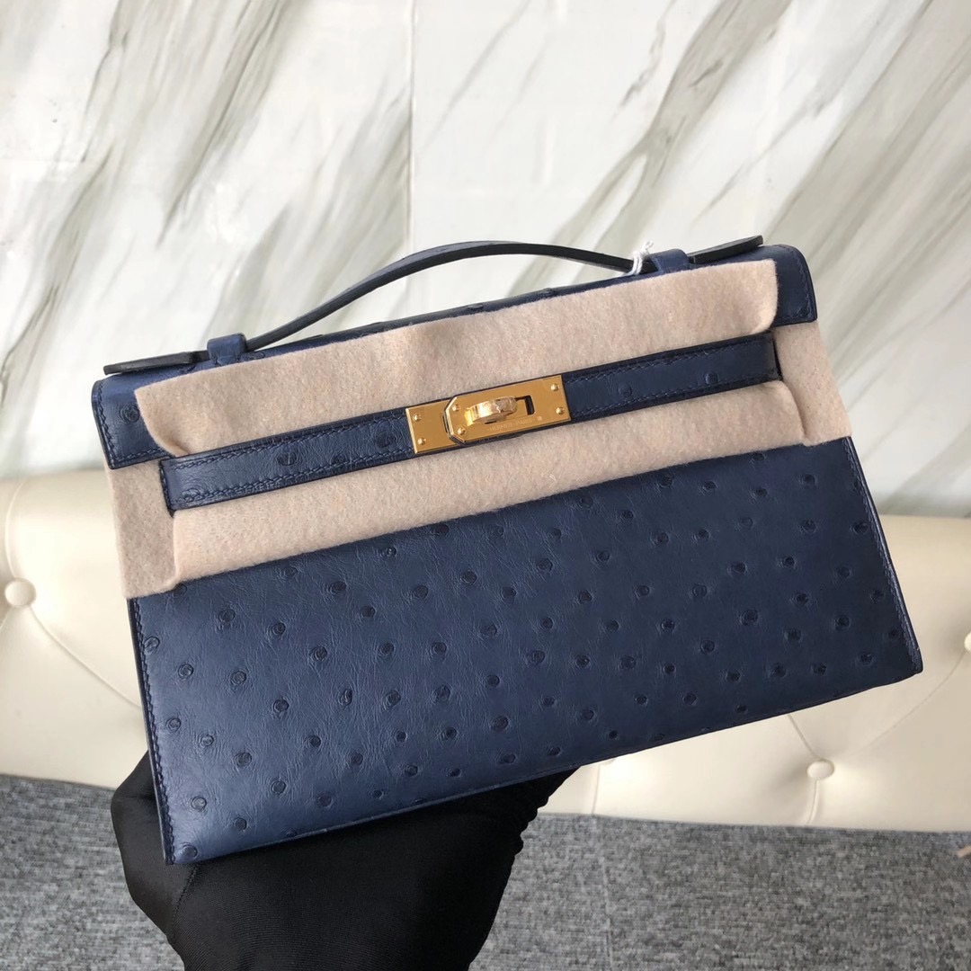 臺北市內湖區愛馬仕 Hermes kelly mini pochette Ostrich 7L Blue de 馬耳他藍