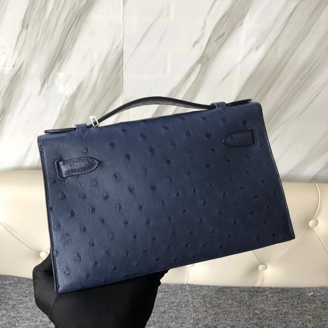 臺北市內湖區愛馬仕 Hermes kelly mini pochette Ostrich 7L Blue de 馬耳他藍