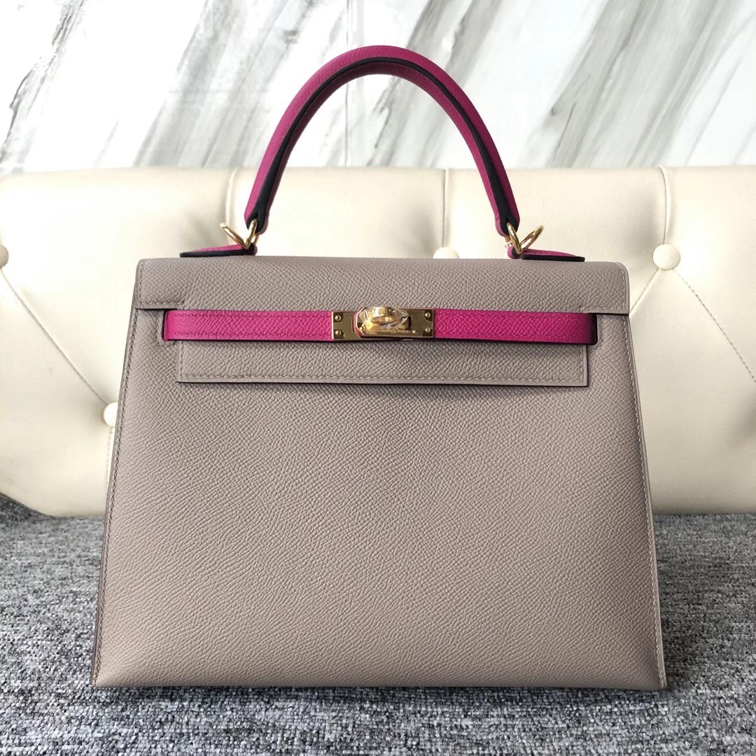 Taiwan Hermes Kelly 25cm Hss Epsom M8 Griss Asphalte L3 Rose Poupre