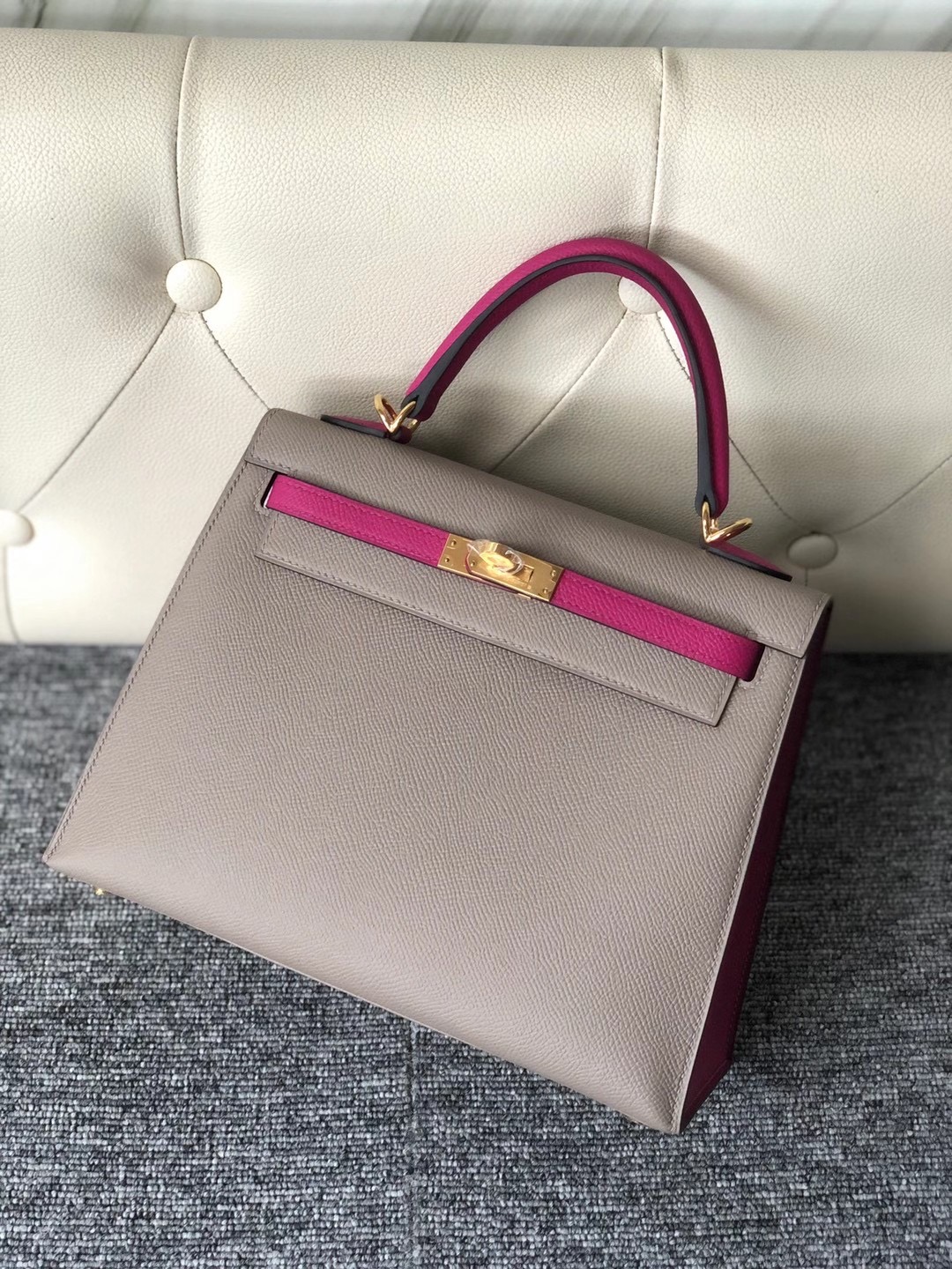 Taiwan Hermes Kelly 25cm Hss Epsom M8 Griss Asphalte L3 Rose Poupre