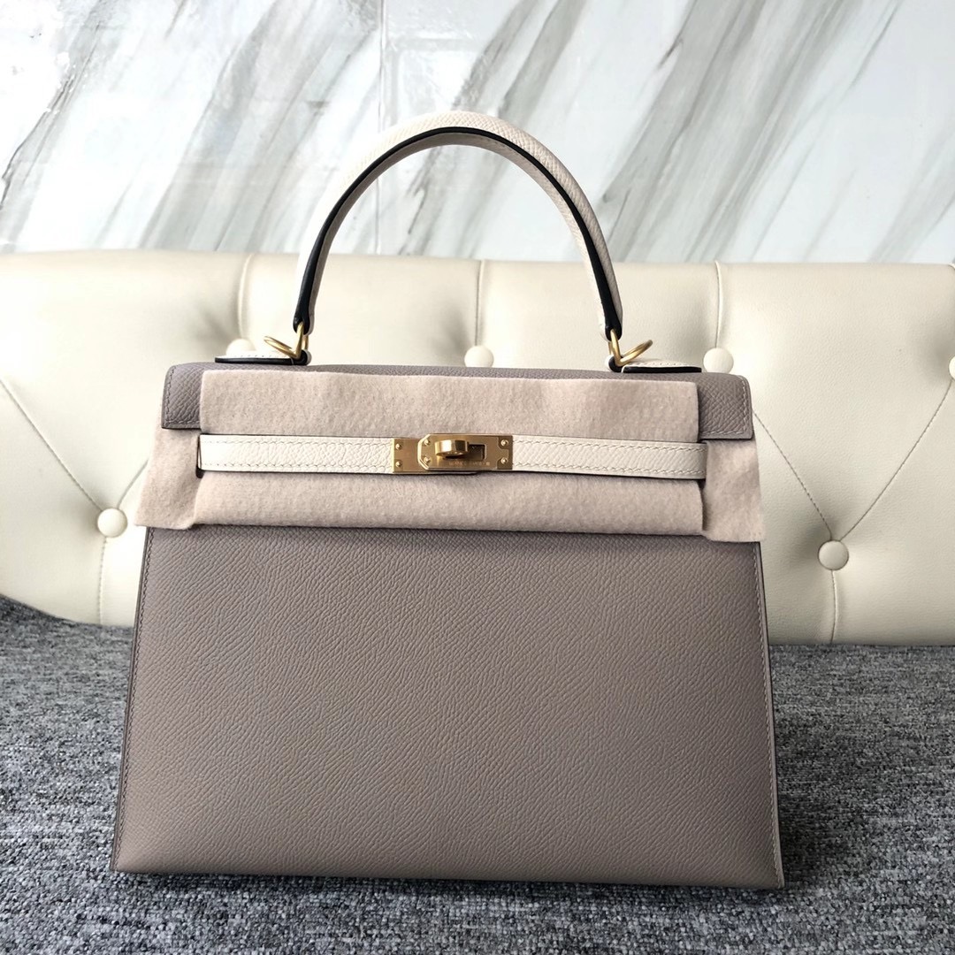 Taiwan Hermes Kelly 25cm Hss Epsom M8 Griss Asphalte 拼 CC10 Craie 奶昔白