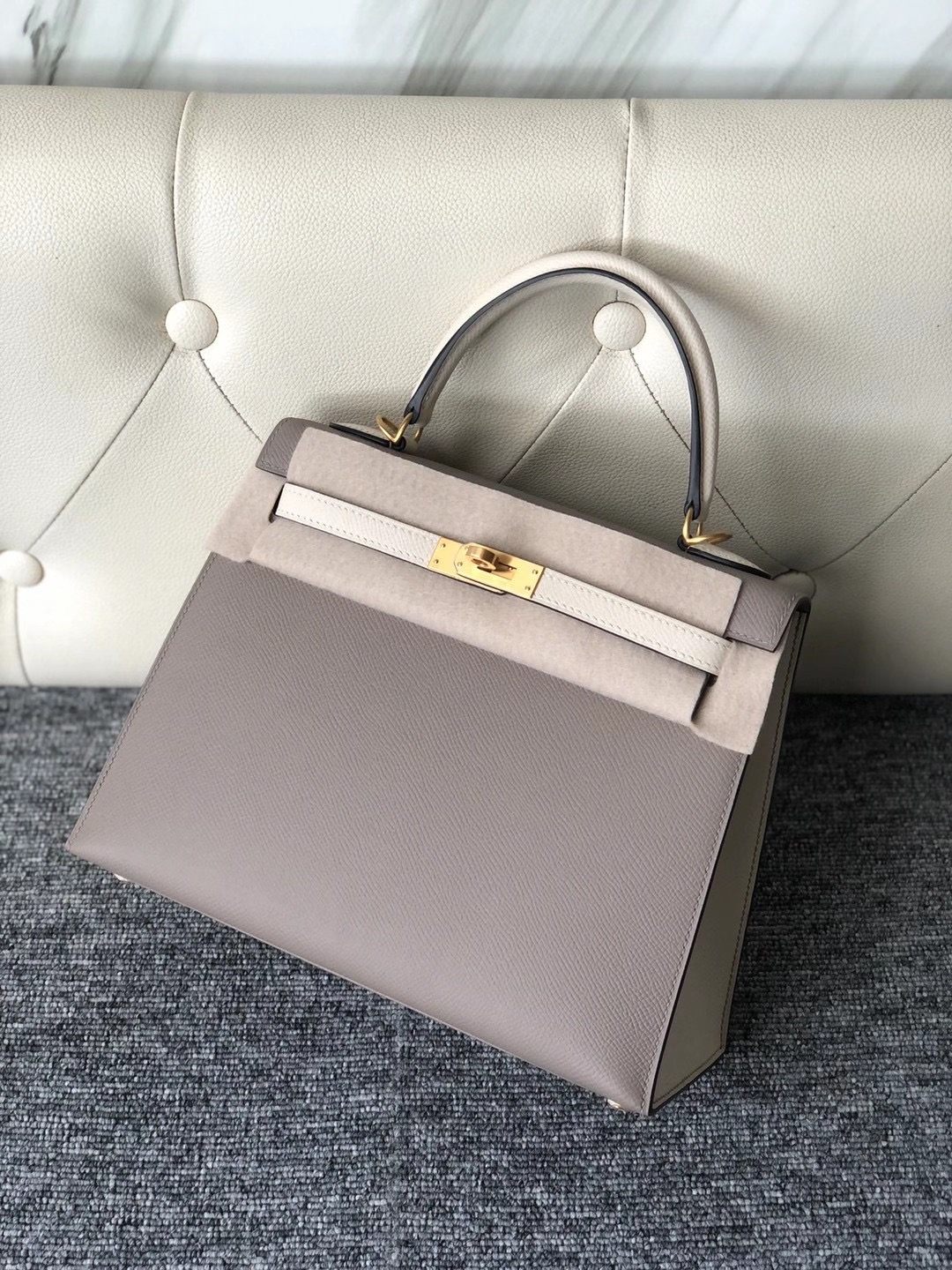 Taiwan Hermes Kelly 25cm Hss Epsom M8 Griss Asphalte 拼 CC10 Craie 奶昔白