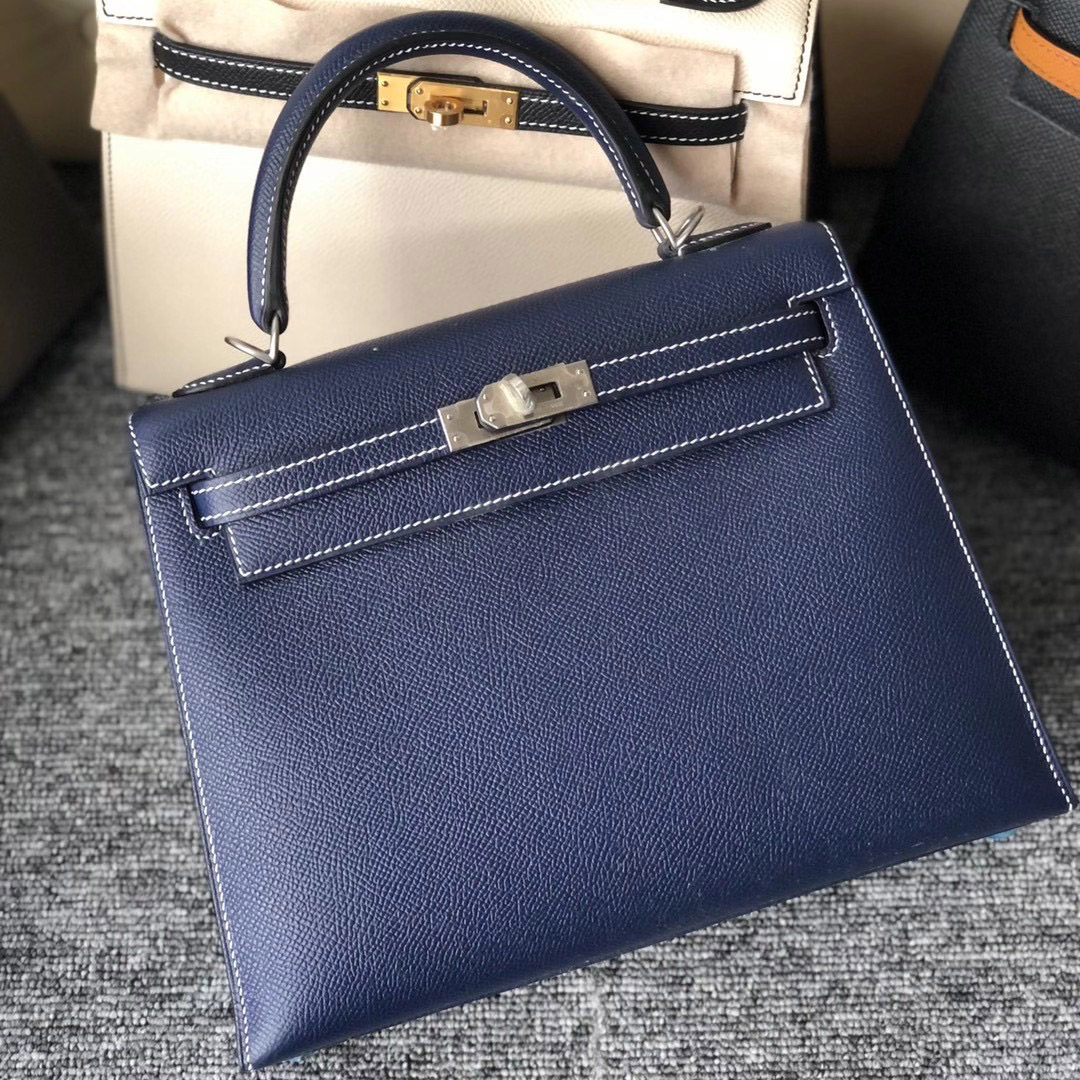 Taiwan Hermes Kelly 25cm Epsom 73 Blue Sapphire 寶石藍 缝白色線