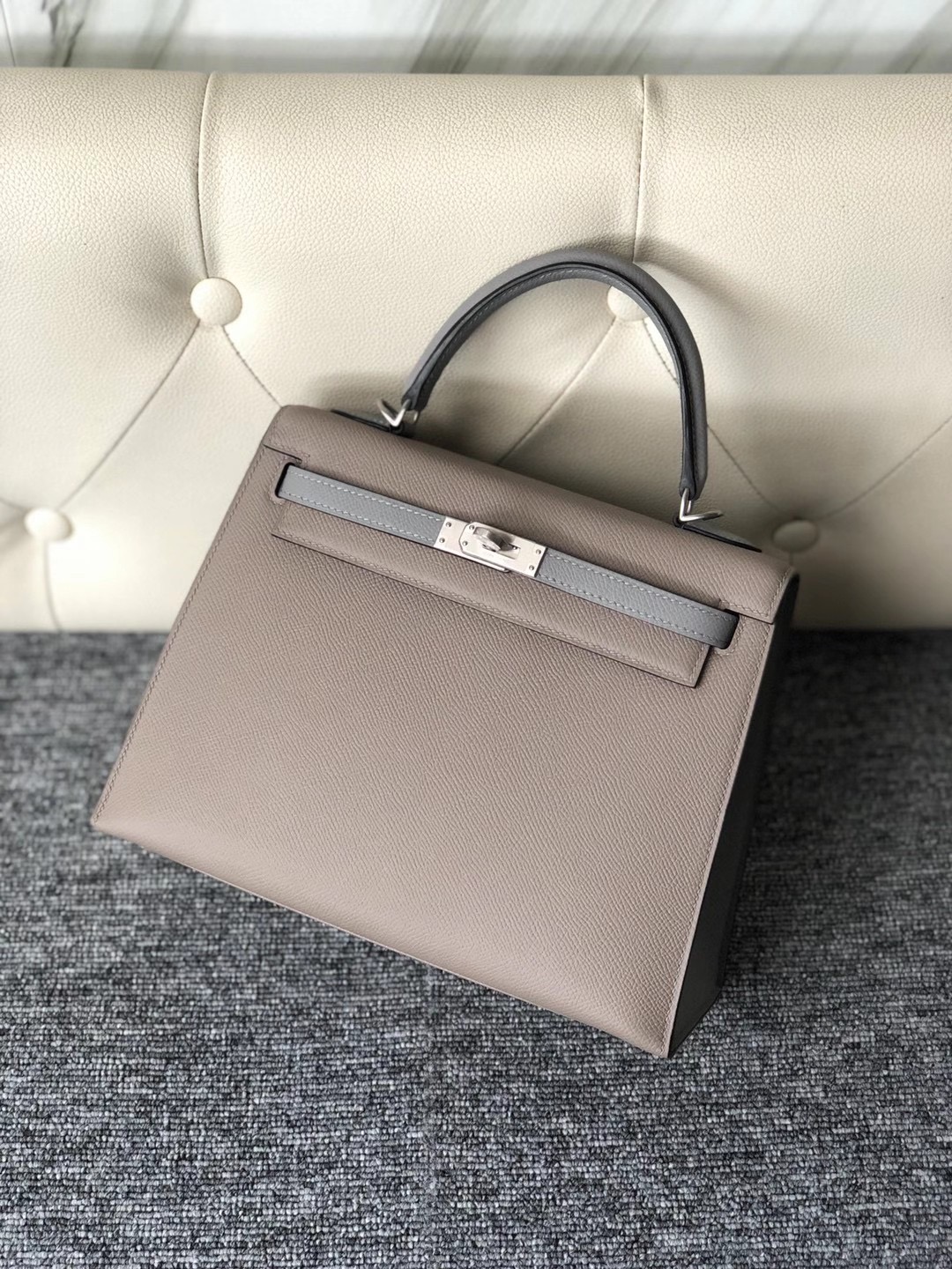 Taiwan Hermes Kelly 25cm Hss Epsom M8 Griss Asphalte/4Z Girls Mouette