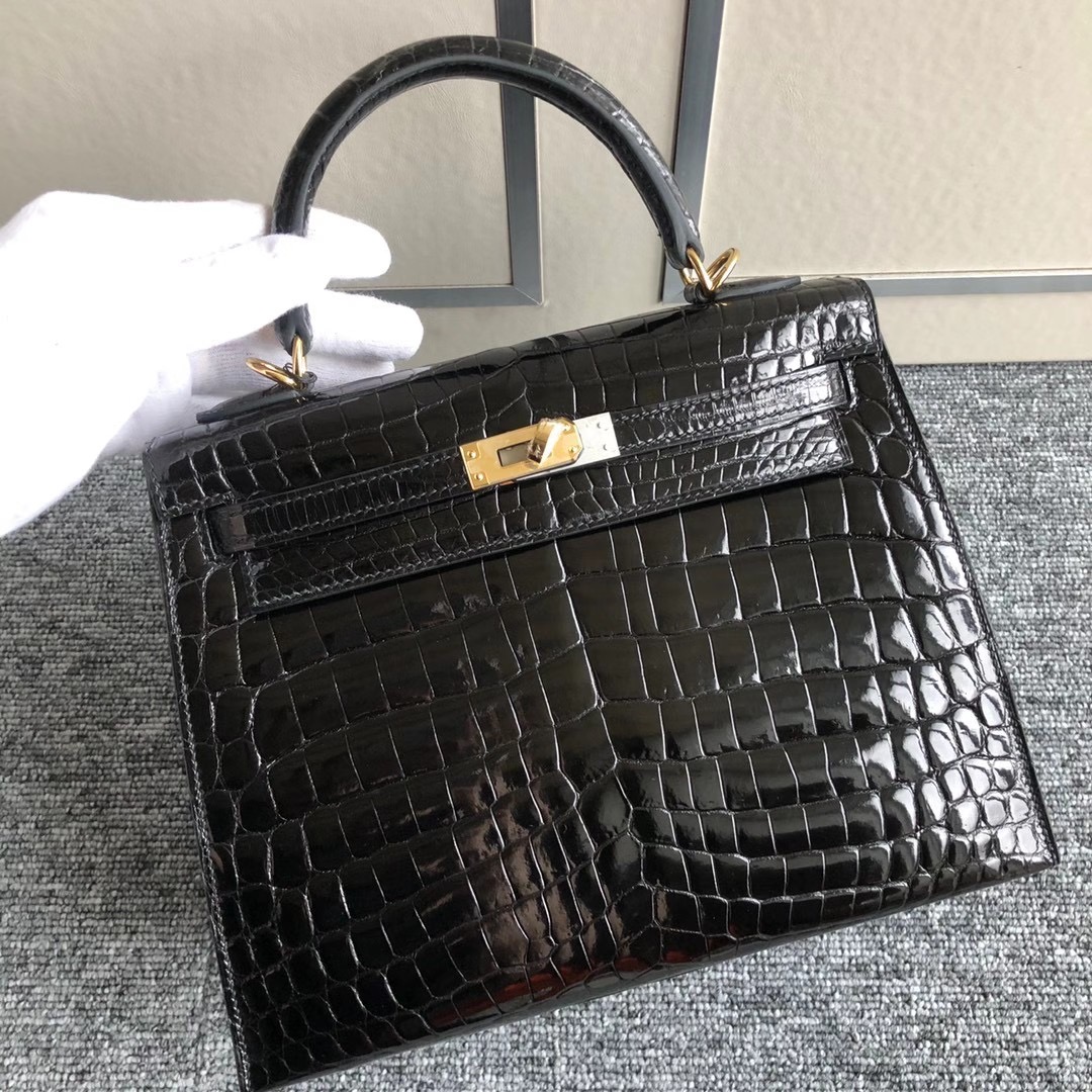 臺灣新北市蘆洲區愛馬仕 Hermes Kelly 25cm Ck89 noir 供珠亮面尼羅鱷魚