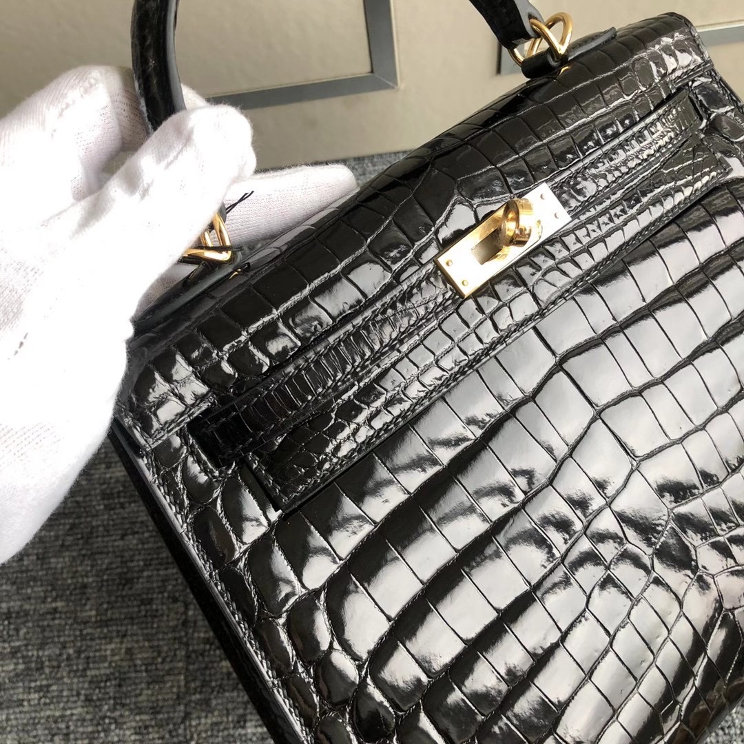 臺灣新北市蘆洲區愛馬仕 Hermes Kelly 25cm Ck89 noir 供珠亮面尼羅鱷魚