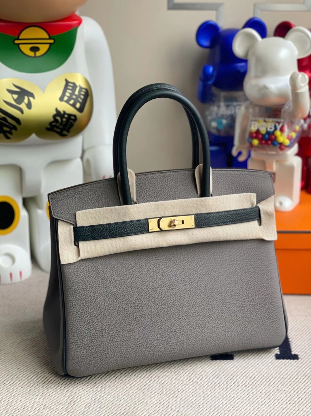 香港東區北角 Hermes Birkin 30cm Togo 8F Etain 錫器灰/6O Vert Cypres 松柏綠 金扣