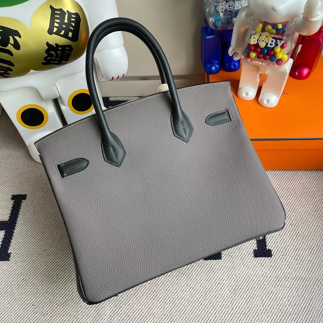 香港東區北角 Hermes Birkin 30cm Togo 8F Etain 錫器灰/6O Vert Cypres 松柏綠 金扣