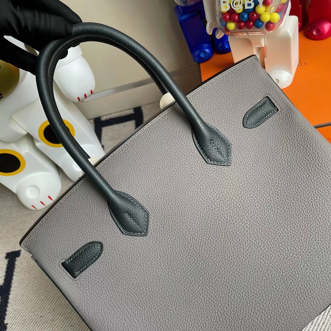 香港東區北角 Hermes Birkin 30cm Togo 8F Etain 錫器灰/6O Vert Cypres 松柏綠 金扣