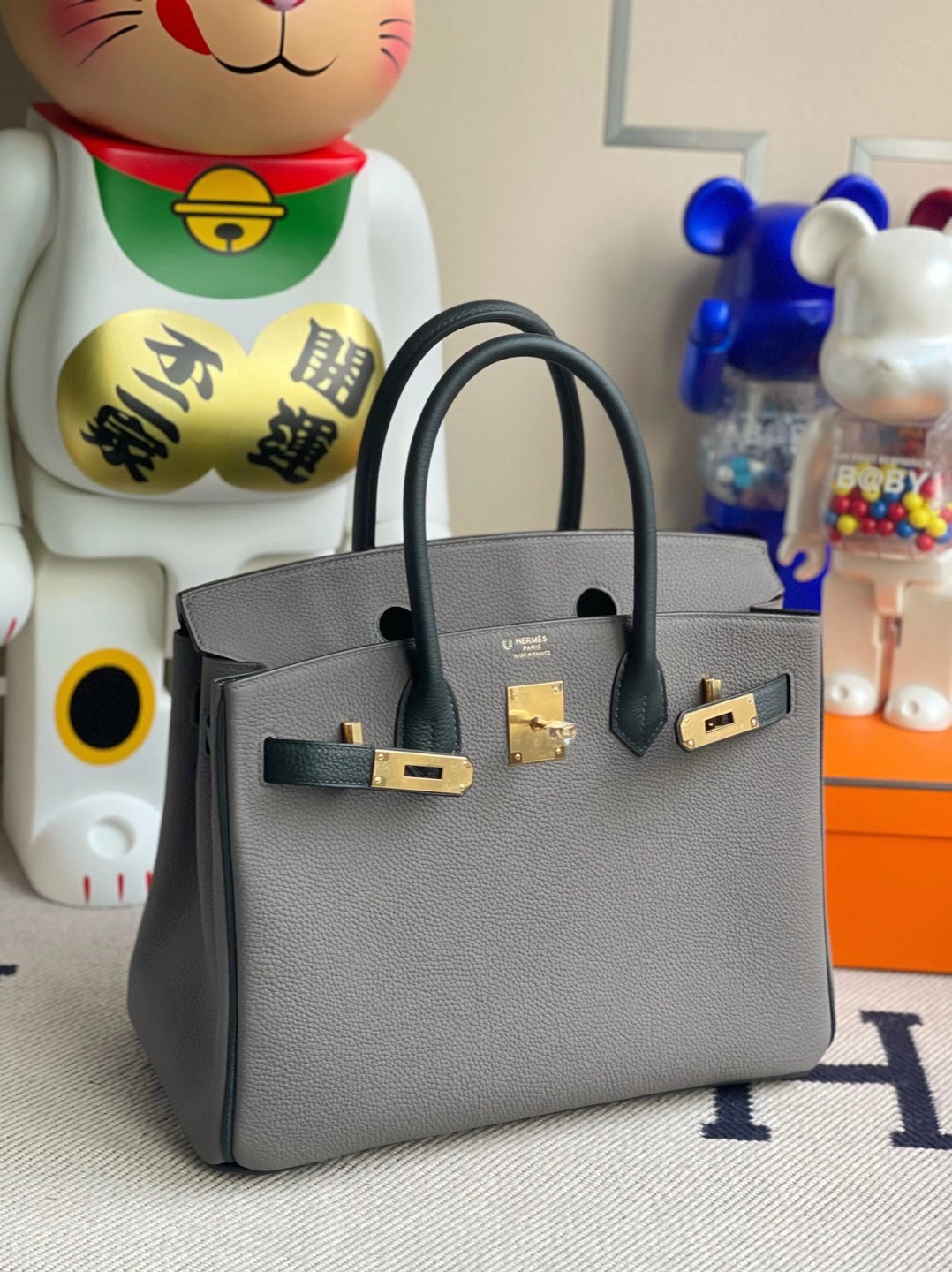 香港東區北角 Hermes Birkin 30cm Togo 8F Etain 錫器灰/6O Vert Cypres 松柏綠 金扣