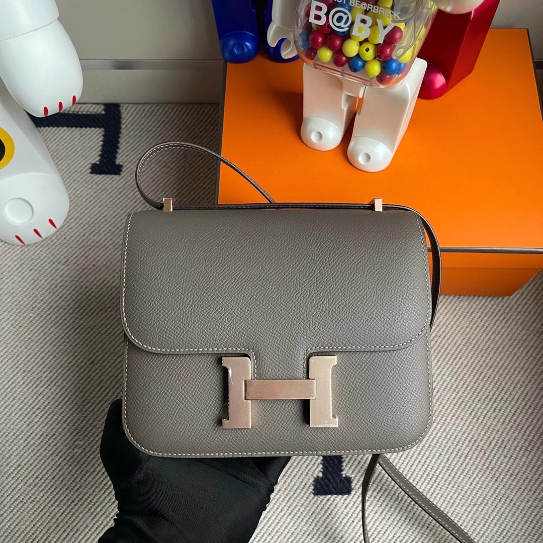 香港元朗區元朗 天水圍 Hermes Constance Mini 19cm Epsom 8F Etain 錫器灰 玫瑰金扣