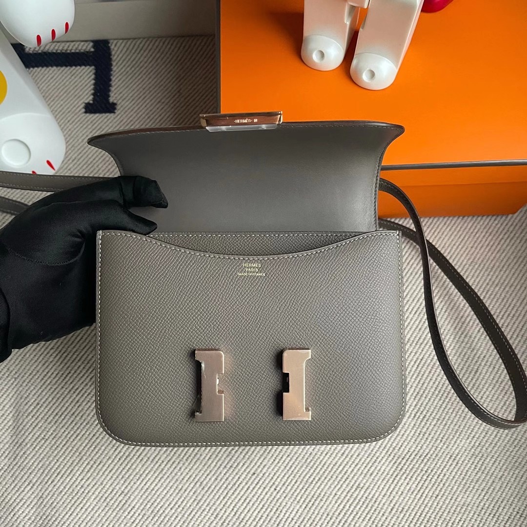 香港元朗區元朗 天水圍 Hermes Constance Mini 19cm Epsom 8F Etain 錫器灰 玫瑰金扣