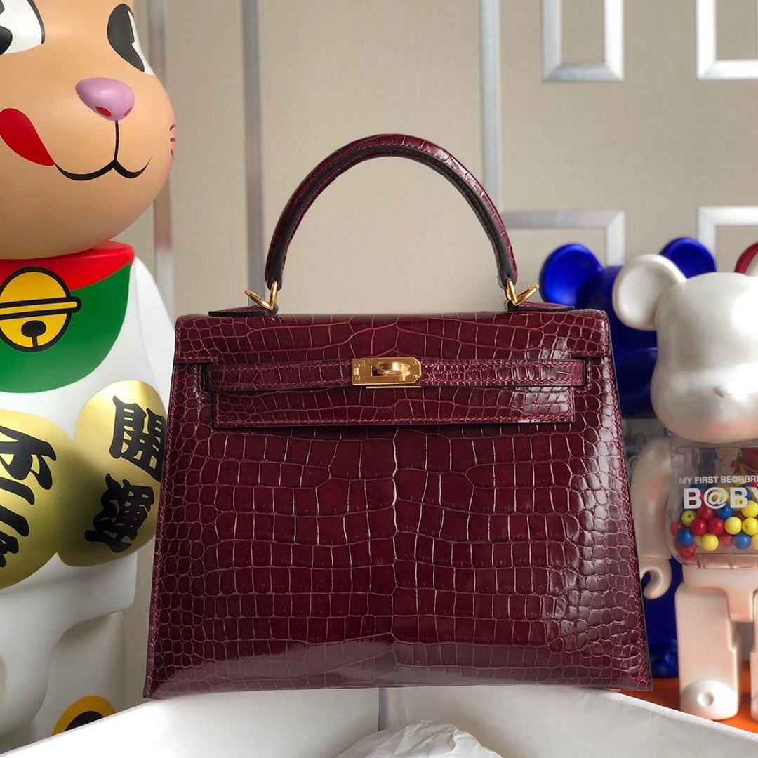 臺灣新北市三重區 Hermes Kelly 25cm 亮面倒V 澳洲灣鱷 57 Bordeaux 波爾多酒紅