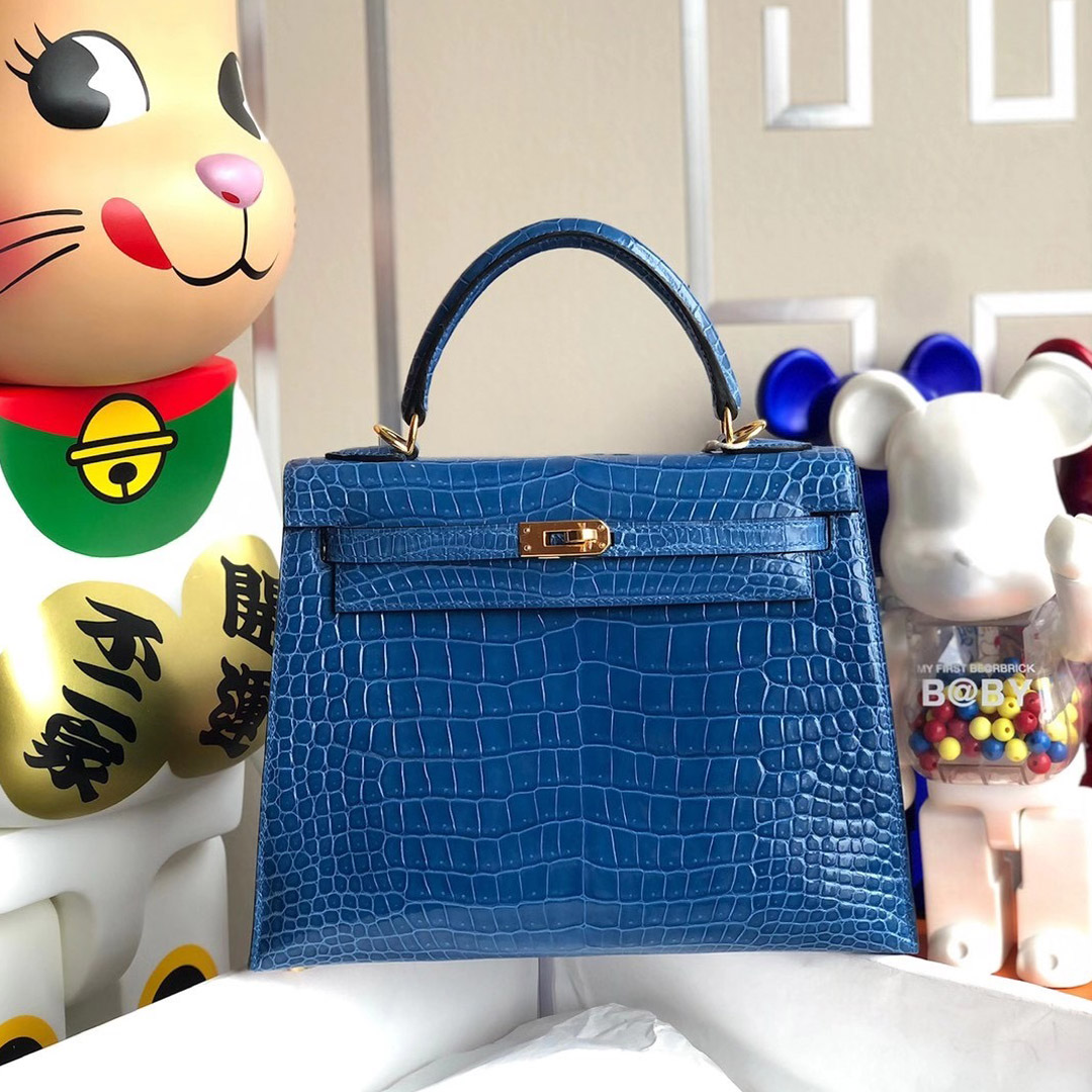 臺灣新北市鶯歌區 Hermes Kelly 25cm 倒V 澳洲灣鱷 7Q Blue Mykonos 希臘藍