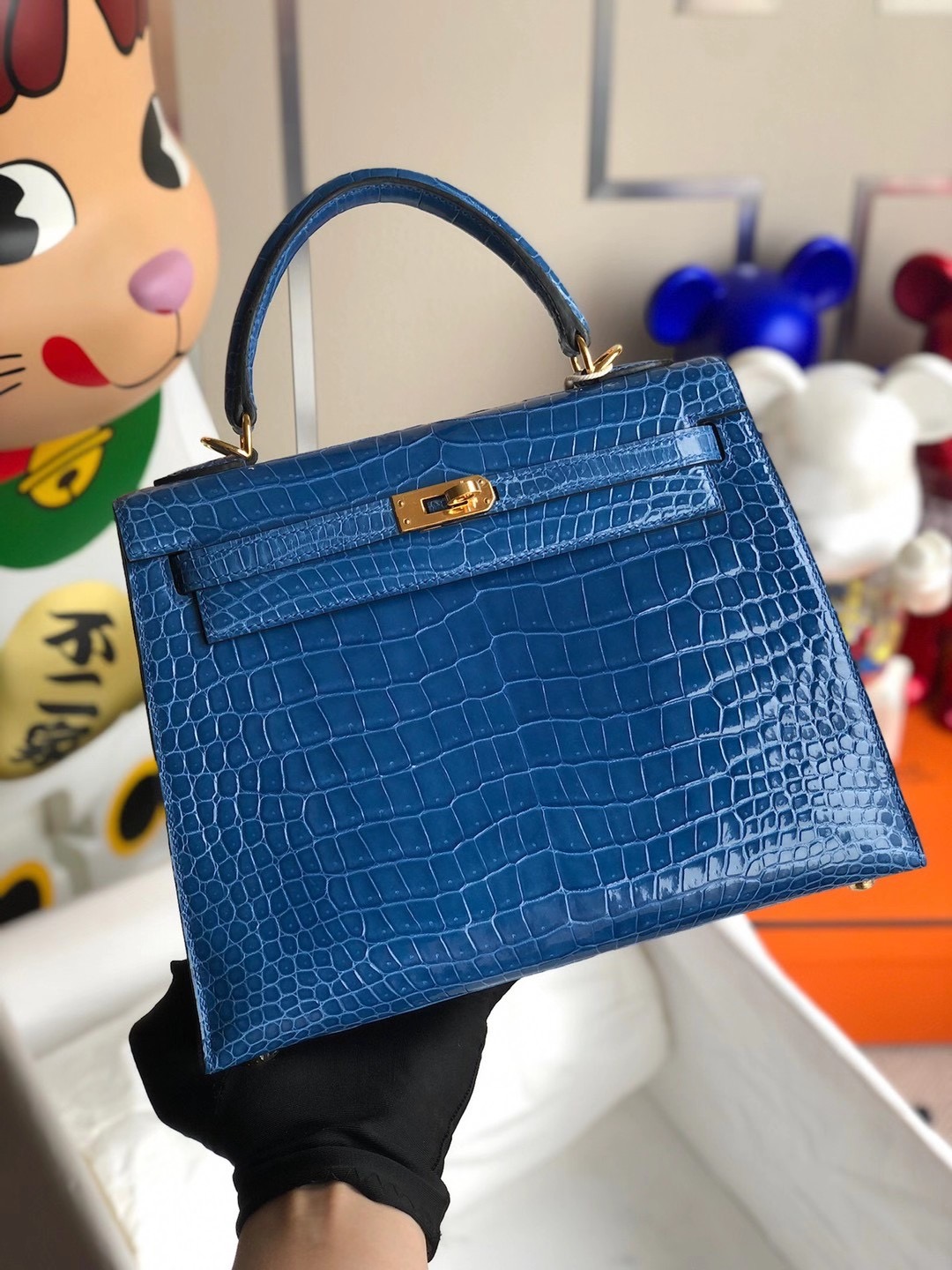 臺灣新北市鶯歌區 Hermes Kelly 25cm 倒V 澳洲灣鱷 7Q Blue Mykonos 希臘藍