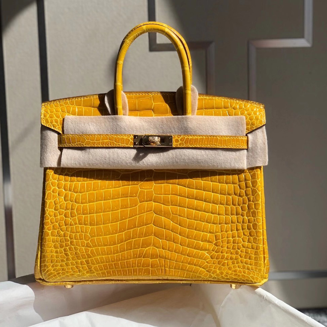 香港東區柴灣 Hermes Birkin 25cm 9D Jaune Amber 琥珀黃 亮面倒V灣鱷供珠