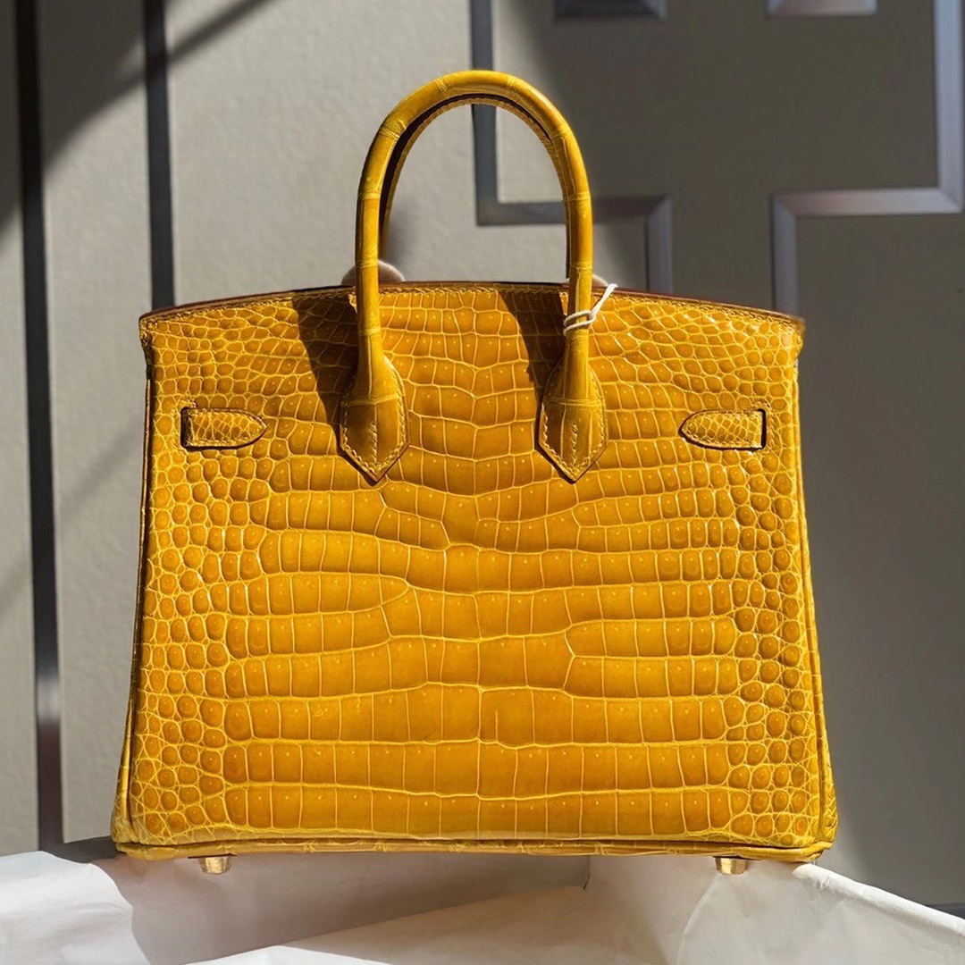 香港東區柴灣 Hermes Birkin 25cm 9D Jaune Amber 琥珀黃 亮面倒V灣鱷供珠