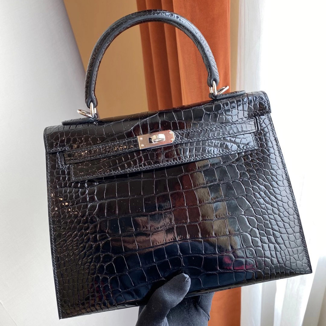 香港西貢區將軍澳 Hermes Kelly 25cm 亮面方塊 美洲鱷魚 CK89 Noir 黑色