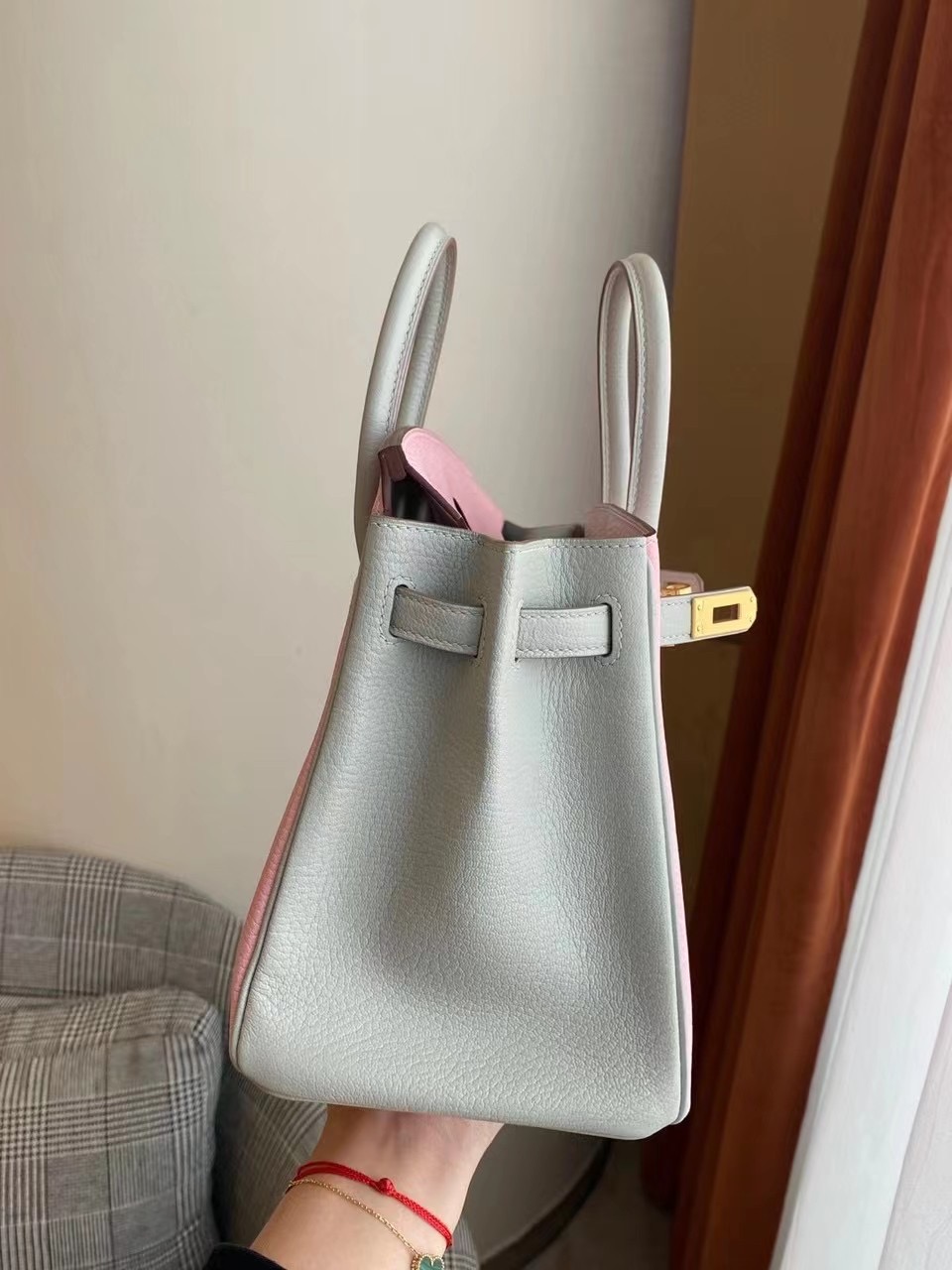 Hermes Brikin 25cm 山羊皮 1Q Rose Confetti 奶昔粉 拼 80 Gris Perle珍珠灰 拉絲金扣