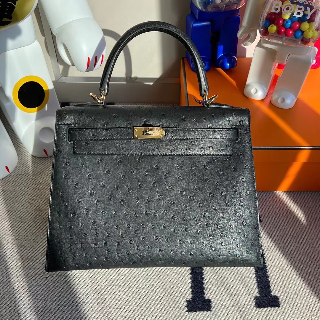 新竹市愛馬仕凱莉包 Hermes Kelly 25cm Ostrich 原廠鴕鳥皮 CC89 Noir 黑色