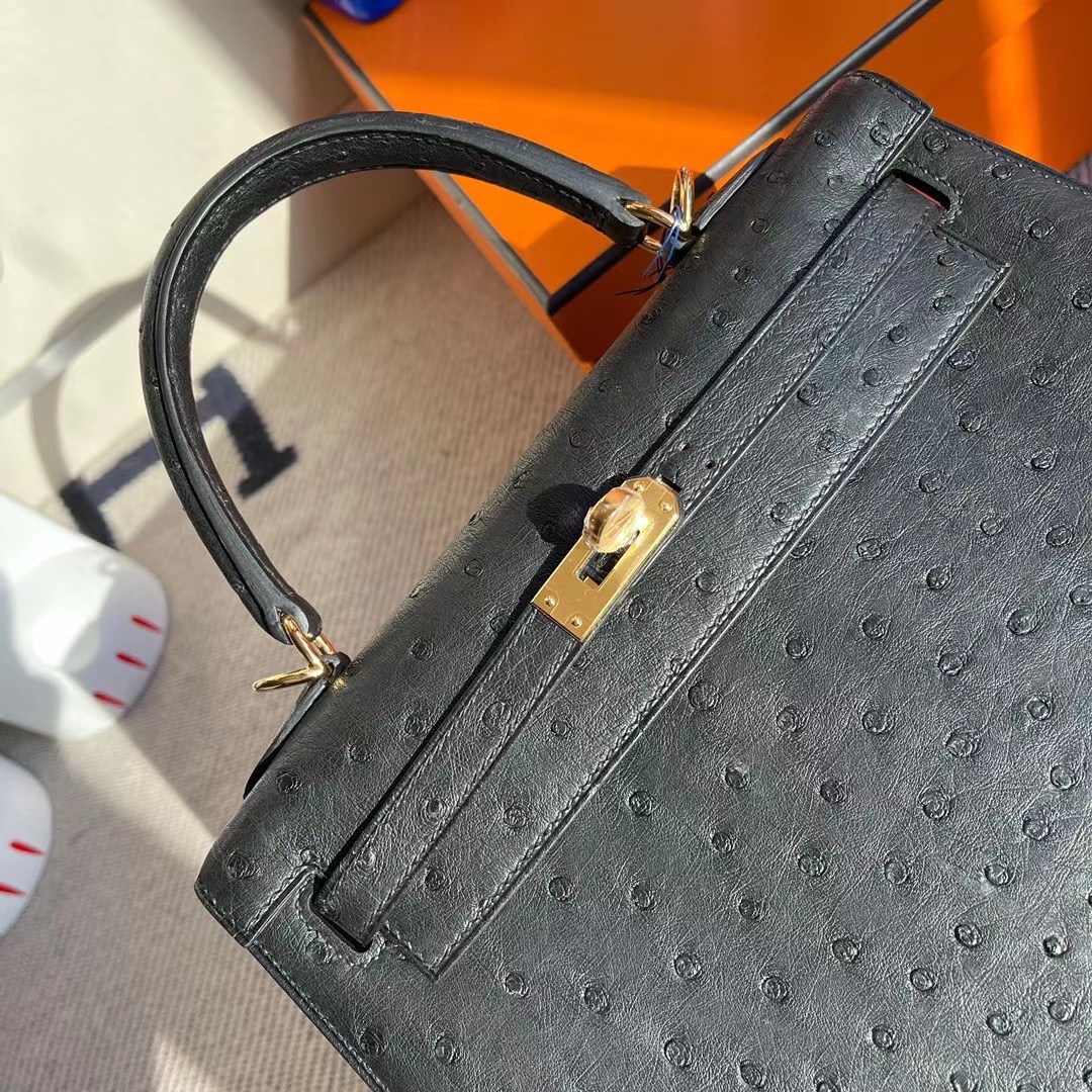 新竹市愛馬仕凱莉包 Hermes Kelly 25cm Ostrich 原廠鴕鳥皮 CC89 Noir 黑色