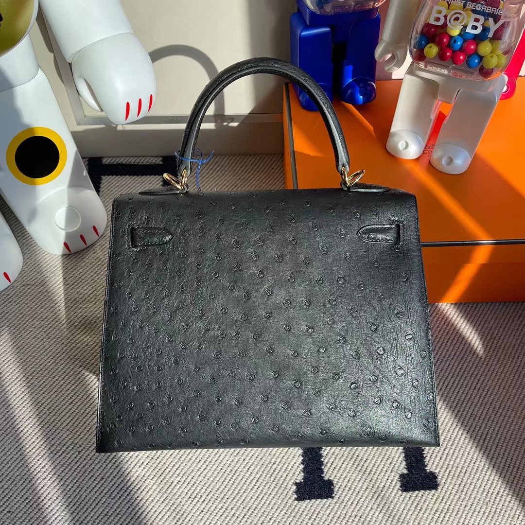 新竹市愛馬仕凱莉包 Hermes Kelly 25cm Ostrich 原廠鴕鳥皮 CC89 Noir 黑色