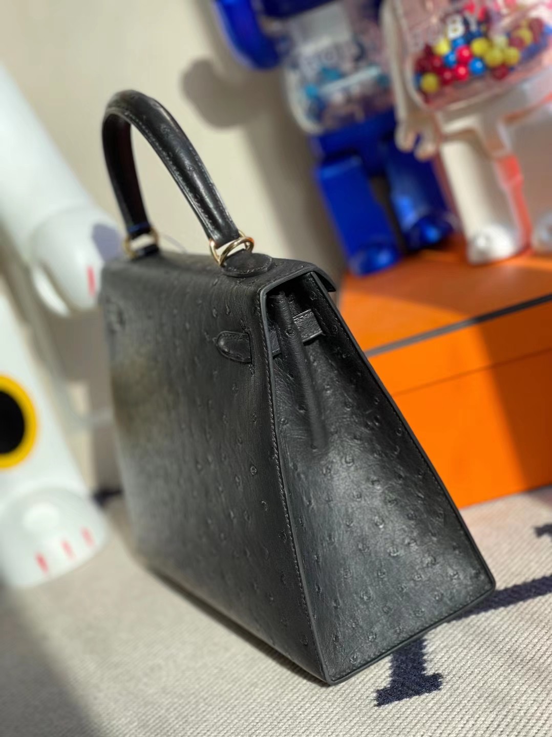 新竹市愛馬仕凱莉包 Hermes Kelly 25cm Ostrich 原廠鴕鳥皮 CC89 Noir 黑色