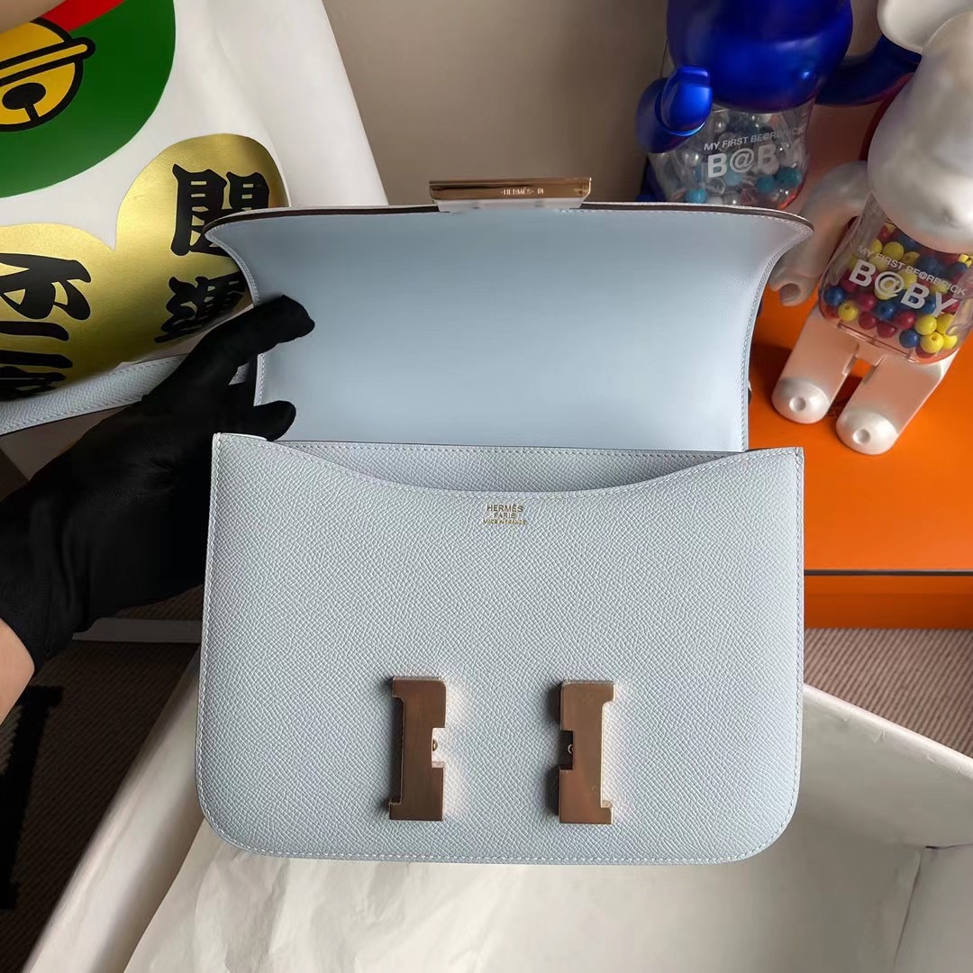 愛馬仕康斯坦斯包 Hermes Constance 24cm Epsom T0 Blue Brume 霧藍色 玫瑰金扣