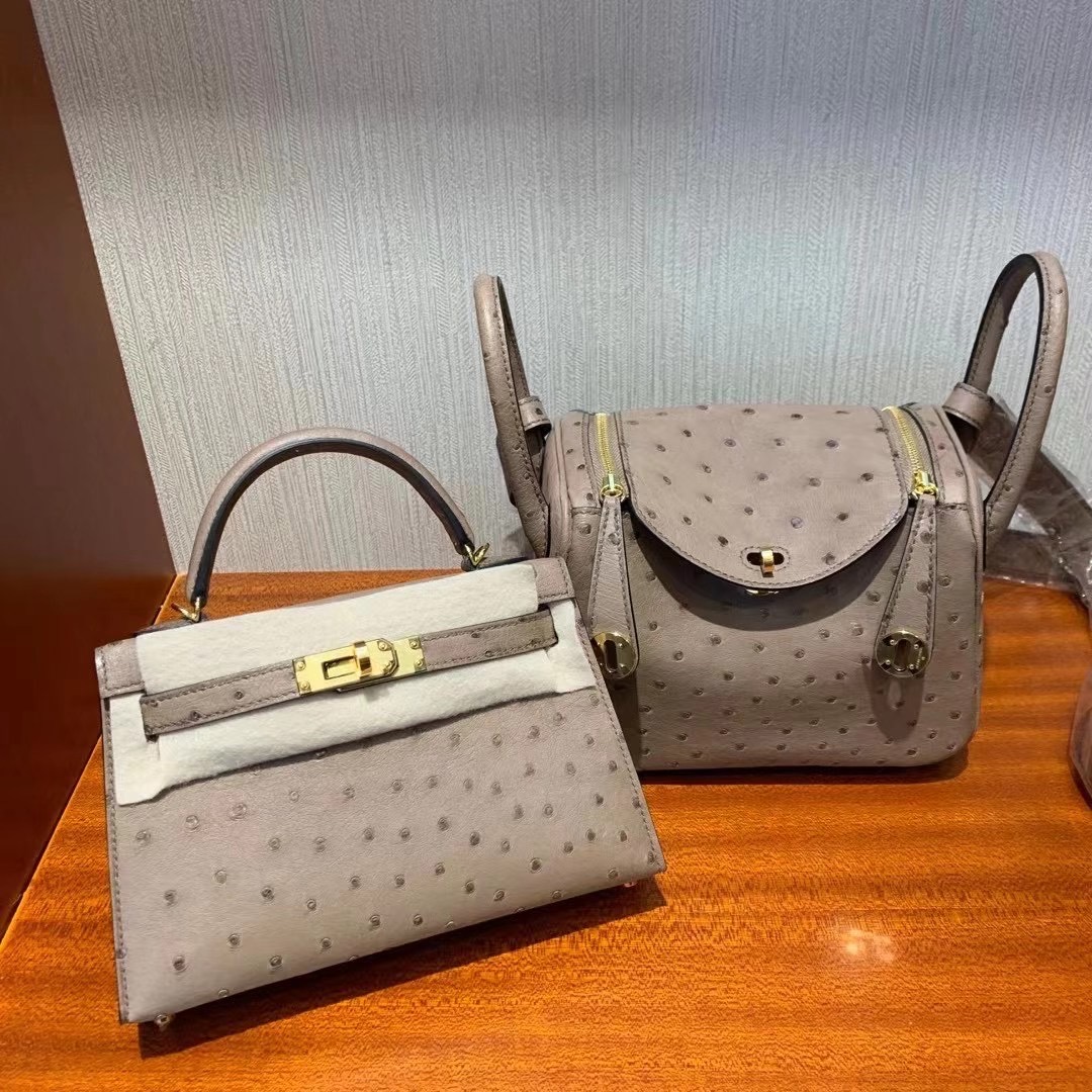 新竹市愛馬仕迷你琳迪包 Hermes Lindy Mini Ostrich CK19 Mousse 慕斯灰