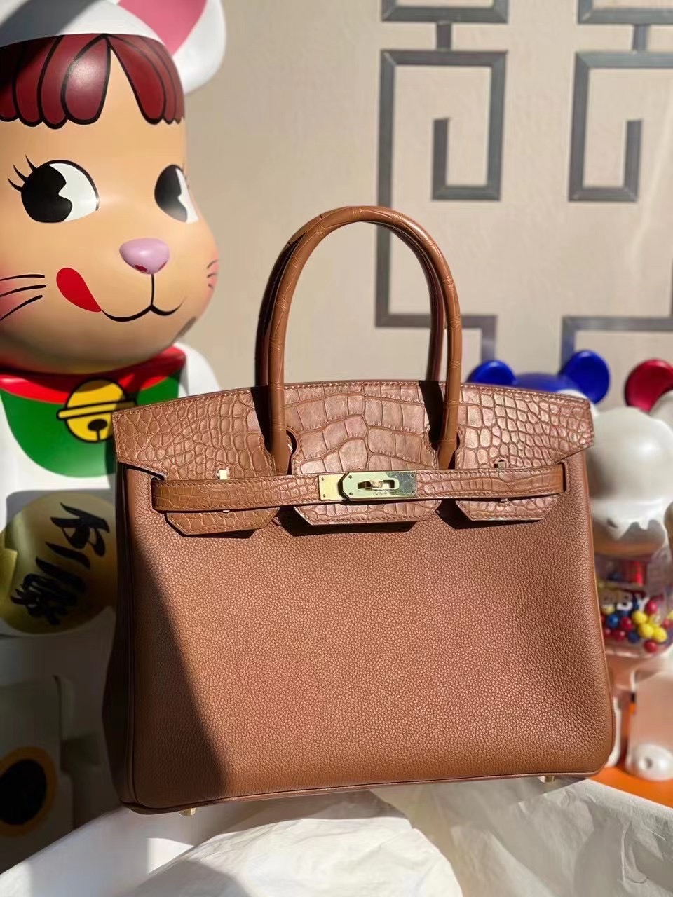 臺灣嘉義市 Hermes Birkin 30cm Touch CK37 Gold 金棕色Togo拼霧面方塊 美洲鱷魚