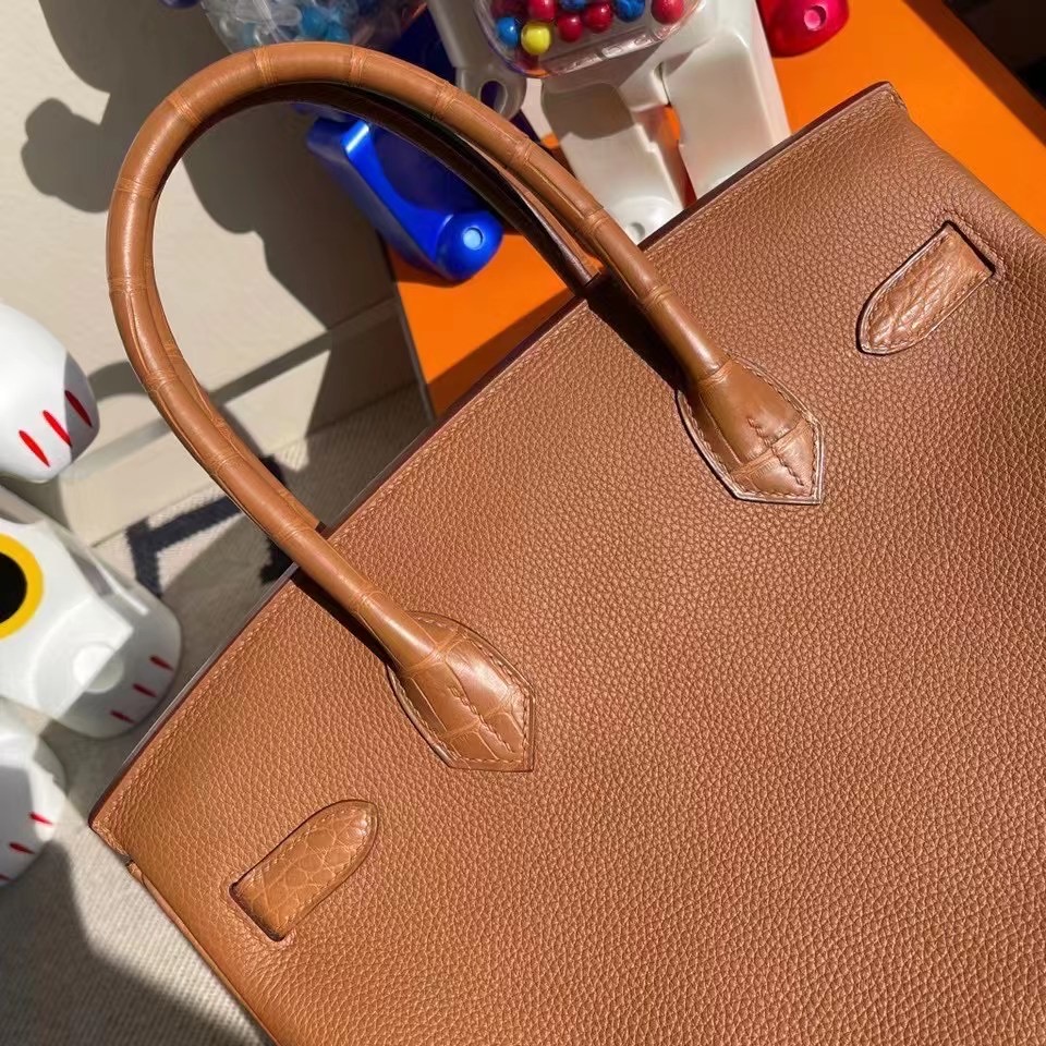 臺灣嘉義市 Hermes Birkin 30cm Touch CK37 Gold 金棕色Togo拼霧面方塊 美洲鱷魚