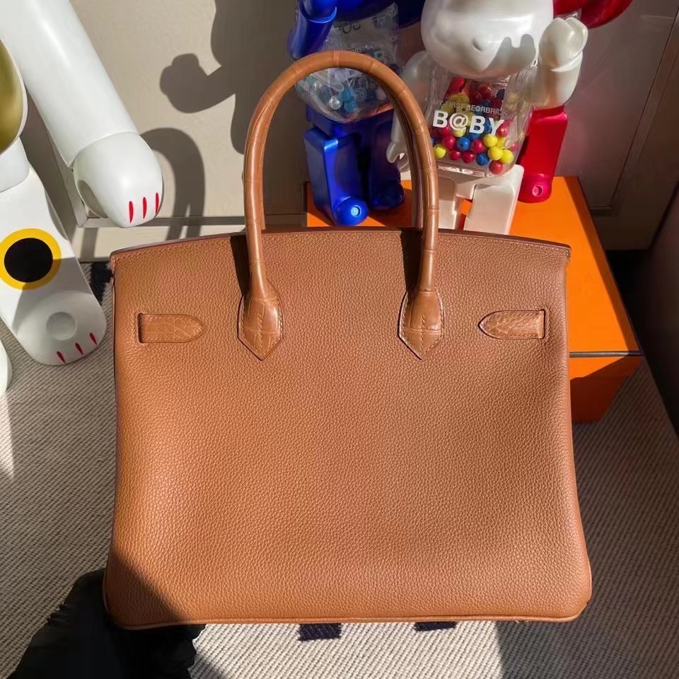 臺灣嘉義市 Hermes Birkin 30cm Touch CK37 Gold 金棕色Togo拼霧面方塊 美洲鱷魚