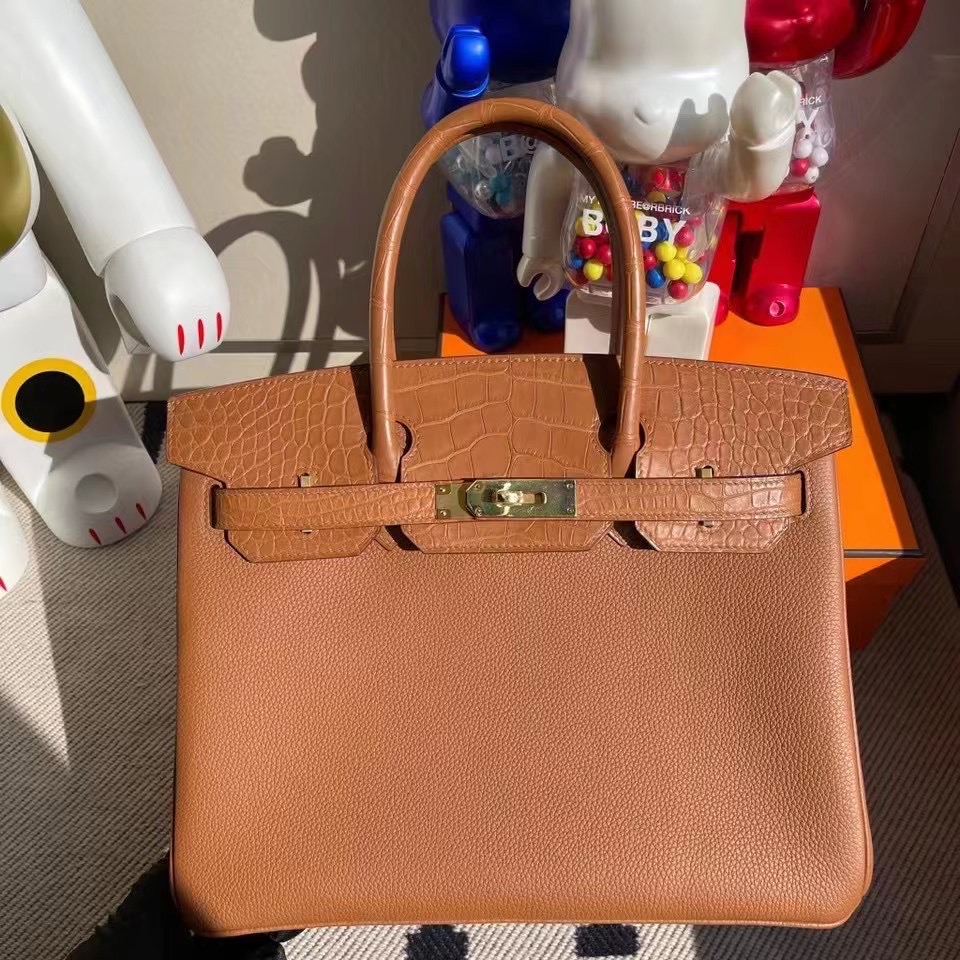 臺灣嘉義市 Hermes Birkin 30cm Touch CK37 Gold 金棕色Togo拼霧面方塊 美洲鱷魚